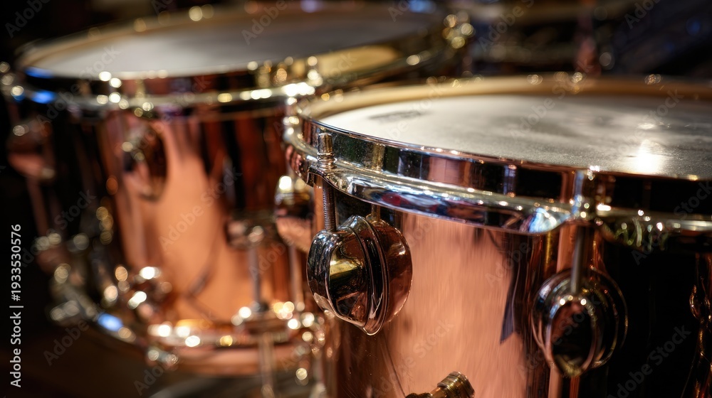 Obraz premium kettledrums. A pair of polished copper kettledrums with taut drumheads gleaming under focused stage lighting. product launch decks.