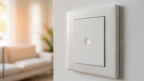 Smart home system displaying indicator light on modern minimalist wall switch controlling living room automation