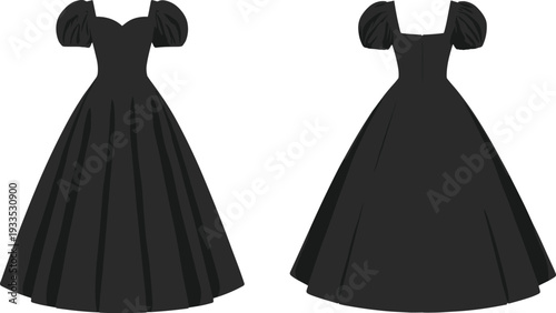 WebWomen’s dress silhouette, puff sleeve gown, sweetheart neckline fashion, pleated skirt apparel, elegant clothing vector, stylish outfit illustration, formal wear design
