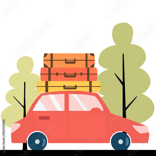 Travel concept illustration featuring a car, suitcase, and tree isolated on a transparent background. Perfect for road trip themes, vacation promotions, tourism branding, eco travel campaigns, posters