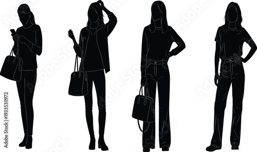Set of four female silhouettes wearing casual fashion outfits including jeans jackets and handbags for modern urban lifestyle vector illustrations