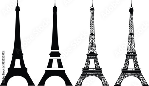 Set of Eiffel Tower silhouettes in different styles including solid black shapes and detailed lattice architecture line art icons for Paris