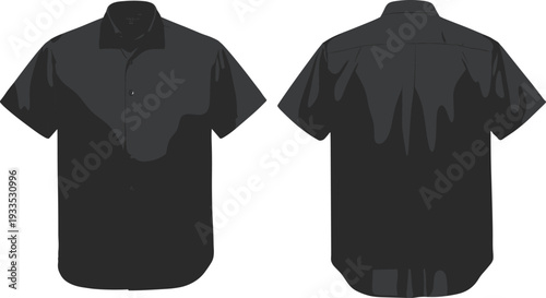 WebMen’s shirt silhouette, short sleeve button-up, classic collar design, pleated back detail, casual apparel vector, clothing illustration, stylish outfit art