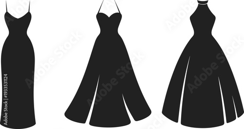 WebWomen’s dress silhouette, elegant gown, ball gown design, sweetheart neckline, halter dress, fashion vector, clothing illustration, apparel art, formal wear
