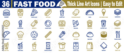 Fast food thick line art icons. Showcasing popular dishes and beverages for culinary design and restaurant branding vector illustration.