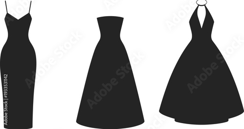 WebWomen’s dress silhouette, elegant gown, strapless A-line, halter ball gown, fashion vector, clothing design, apparel illustration, formal wear art