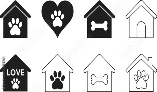 Set of pet care icons featuring dog houses with paw prints bones and hearts in solid black and outline vector styles