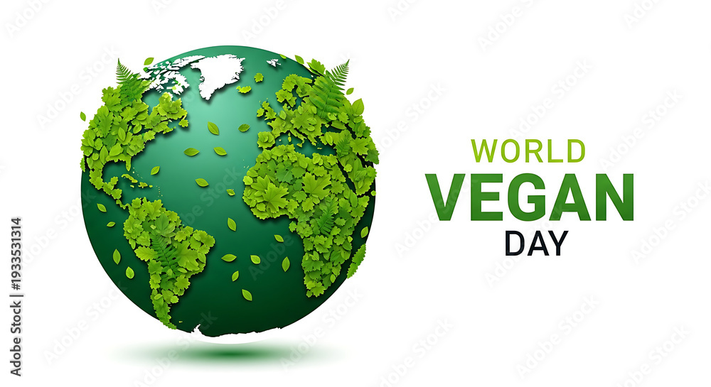 Fototapeta premium Celebrating world vegan day with a green globe surrounded by leaves.