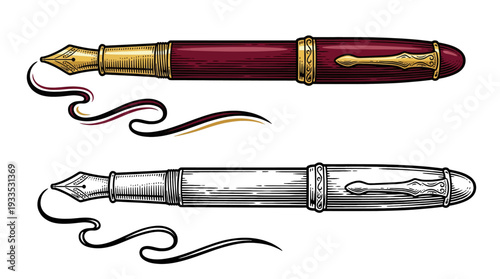 Side view illustration of two fountain pens writing ink, showcasing red gold‑accented pen and minimalist silver pen in detailed graphic display