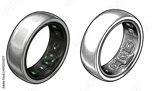 Close-up illustration of two silver rings with interior lights and engraved text, displayed on white background from a frontal viewpoint