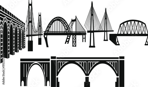 Set of various bridge silhouettes including suspension cable stayed arched and stone viaduct structures for urban engineering and city infrastructure design