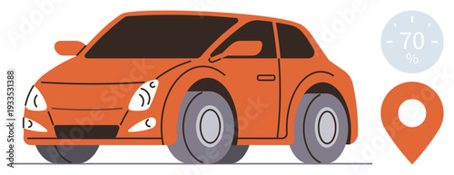 Urban transport, navigation systems, fuel efficiency, car sharing, travel route planning, automotive design. Orange car with fuel gauge and location pin. Navigation systems and fuel efficiency