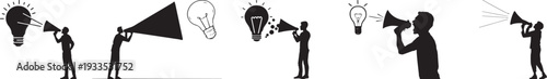 Silhouette of a person shouting into a megaphone that transforms into a Lightbulb idea/awareness. Set of 6 business communication icons vector