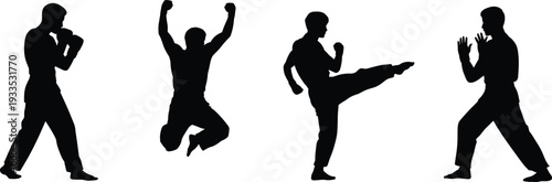 WebMartial arts silhouette, fighter stance, high kick, defensive pose, victory celebration, training, combat, sport, athlete, fitness, discipline, strength