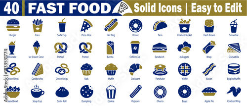 Fast food solid icons. Representing diverse menu items and beverages in a clean and modern design for easy use, vector illustration.