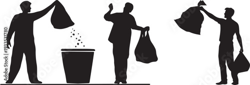 Silhouette of a person throwing a Plastic Bag into a bin and holding a Cloth Bag. Set of 3 waste management icons vector
