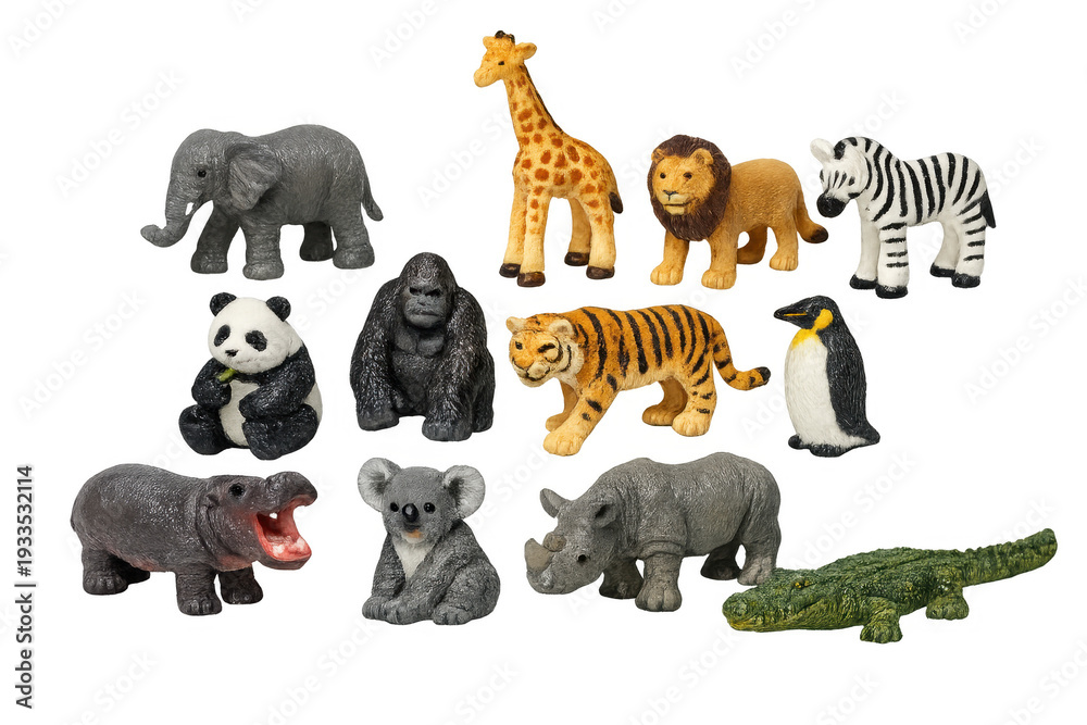 Fototapeta premium Collection of wild animal toy figurines standing, transparent background