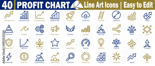 Profit chart line art icon set. Featuring financial growth metaphors like ascending bar graphs, rising arrows, and business progress symbols on a transparent background vector illustration.