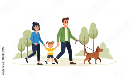 Family walking dog vector illustration representing love, friendship, and outdoor lifestyle