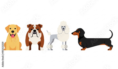Dog breed vector illustration set with Labrador, Bulldog, Poodle, and Dachshund design