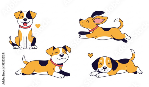 Cute dog vector illustration set with playful cartoon pets in various poses