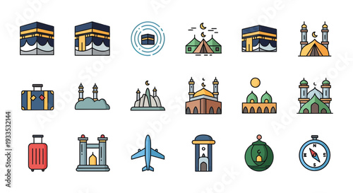 Islamic Hajj and Umrah Pilgrimage Icon Set, Mecca Religious Travel Elements Vector Illustration