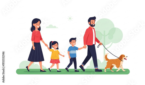Family walking dog vector illustration representing love, friendship, and outdoor lifestyle