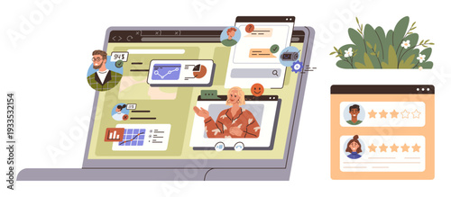 Digital communication, virtual meetings, remote work, online collaboration, feedback systems, social networking. Laptop screen displaying interconnected chats, graphs video call and reviews. Online