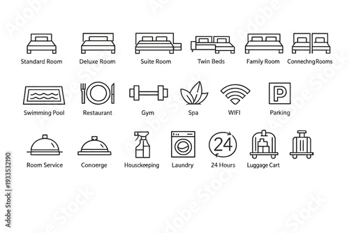 Hotel Amenities and Services Icons Set.