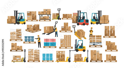 A detailed vector illustration depicts various warehouse equipment, including forklifts and pallet jacks, actively moving and stacking numerous cardboard boxes on pallets.