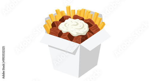 An open white take-out box is filled with golden french fries and rich stewed meat chunks, elegantly topped with a dollop of creamy white sauce.