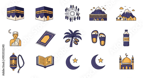 Hajj and Umrah Islamic Pilgrimage Icon Set for Ramadan and Eid