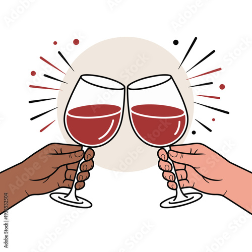 Two hands clinking glasses of red wine in a celebratory toast.