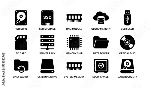 Digital storage icons: hdd, ssd, ram, cloud, usb, sd card, data folder