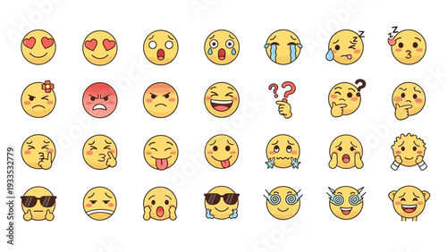 Variety of Yellow Emoji Faces Expressions.