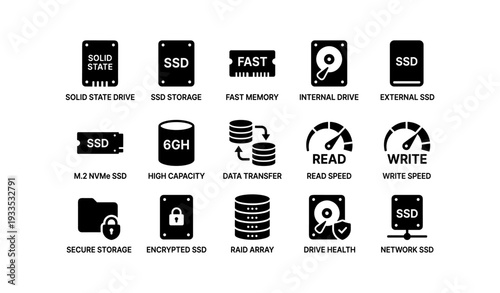 Icons representing ssd technology and features for storage solutions