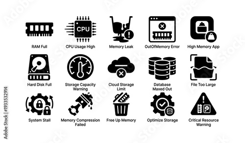 Computer issues: memory errors and storage capacity warnings illustrated