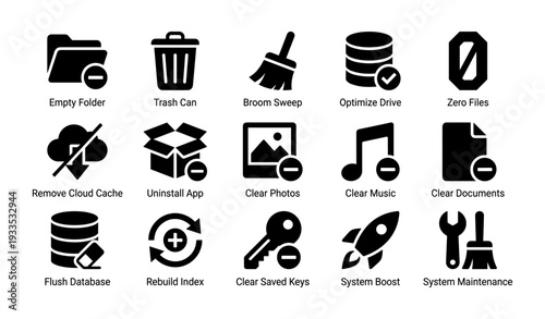 Various icons for digital cleanup and maintenance tools