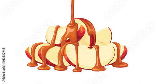 A neatly arranged pile of red apple slices is generously coated with a thick stream of golden-brown caramel sauce, creating luscious drips.