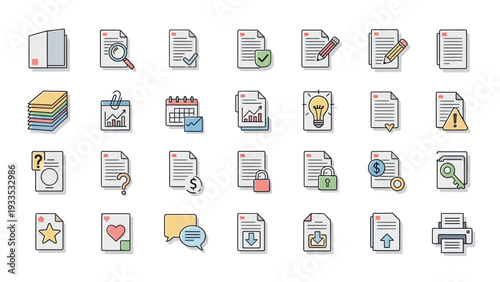 Collection of Various Document Icons and Symbols.