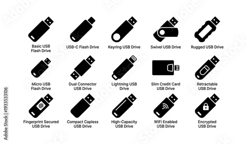 Variety of usb flash drives: types and features explained with icons