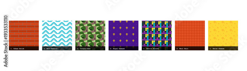 High resolution seamless patterns with bold geometric and organic designs. Vibrant, tileable backgrounds ideal for fabric printing, textile production, wallpaper, packaging, wrapping paper, scrapbook