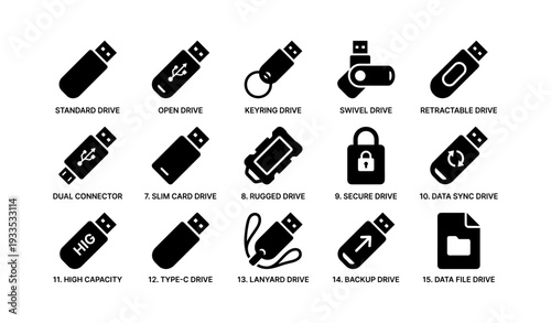 Variety of usb flash drives illustrated with different features and designs