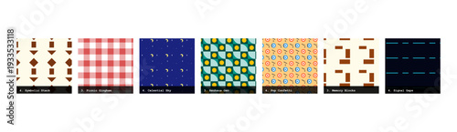 High resolution seamless patterns with bold geometric and organic designs. Vibrant, tileable backgrounds ideal for fabric printing, textile production, wallpaper, packaging, wrapping paper, scrapbook