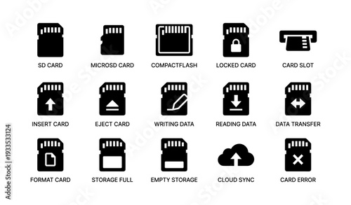 Storage icons collection: sd, microsd, compactflash, lock, transfer, sync