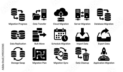 Data migration icons: cloud, server, database management symbols
