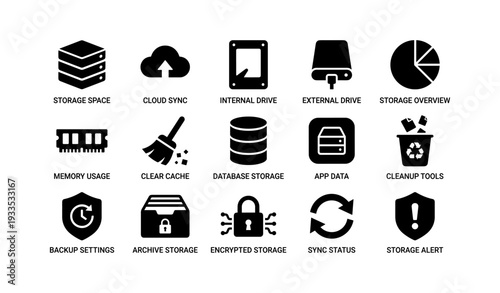 Data management icons: storage, backup, and security overview