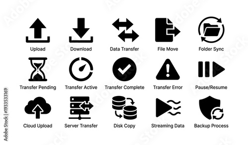 Data transfer icons: upload, download, sync, error, backup, cloud, server, disk, streaming