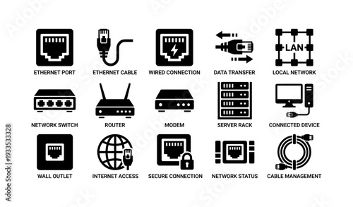 Network connectivity icons: ethernet port, router, server rack, data transfer, secure connection