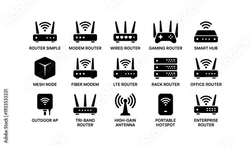 Various types of network routers and devices icons